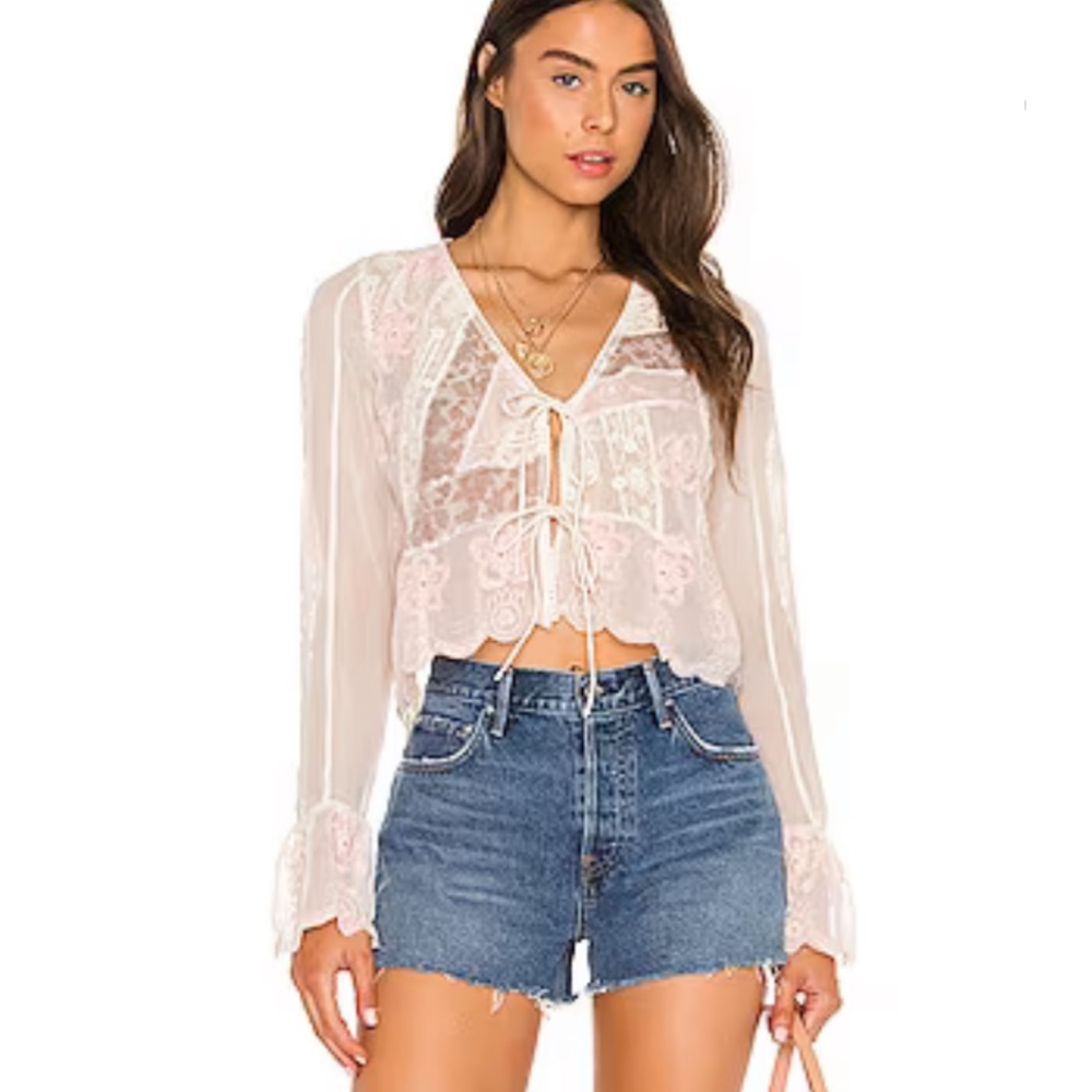 FREE PEOPLE X REVOLVE Bloomfield Patched SHEER EMBROIDERED Top SIZE LARGE EUC